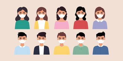 Icon set of man and woman wearing medical mask in flat illustration style. vector