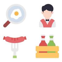 alimentos, bebidas, confitería, plano, iconos, conjunto vector