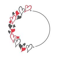 Hand drawn doodle circle frame with red and black hearts. Simple elements isolated on white background. Vector illustration