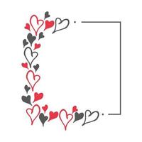 Hand drawn doodle square frame with red and black hearts. Simple elements isolated on white background. Vector illustration