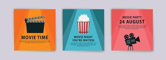 tiempo de película. noche de película. fiesta de cine. plantilla de cartel de cine. plantillas para pancartas, anuncios de publicaciones en redes sociales, tarjetas y carteles. vector