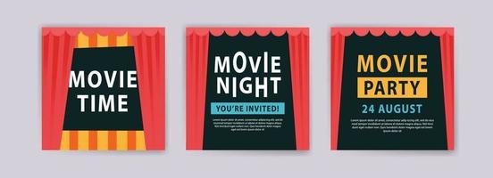 Movie time. Movie night. Movie Party. Cinema poster template. Templates for banners, social media post ads, cards and posters. vector