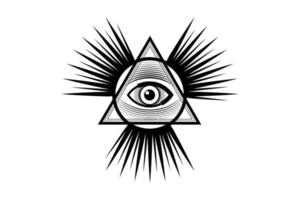Sacred Masonic symbol. All Seeing eye, the third eye, The Eye of Providence, inside triangle pyramid. New World Order. Black icon alchemy, religion, spirituality, occultism. Vector isolated or white