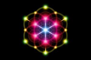 Seed of life, Sacred Geometry, Flower of Life, Metatrons Cube colorful gradient light logo Symbol of Harmony and Balance, Glowing Geometrical Ornament, vector isolated on black background