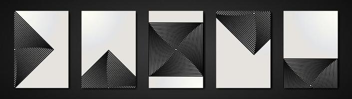 Minimal covers set. Future geometric design. Op Art squares in black an white with diagonal lines making an optical illusion of pyramids or tunnel, copy space on white background vector