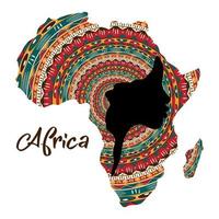 concepto de mujer africana, silueta de perfil facial con turbante en forma de mapa de África. Plantilla de diseño de logotipo tribal con estampado afro colorido. ilustración vectorial aislado sobre fondo blanco vector