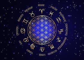 wheel of the zodiac set gold signs. Golden Flower of Life, Yantra Mandala in the lotus flower, Sacred Geometry. Vector illustration isolated on starry sky blue background