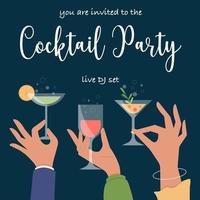 Cocktail party invitation card template. Editable disco poster with dark blue background and hands holding glasses with cocktails. Vector illustration.