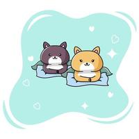illustration of cute cat couple lying on pillow vector