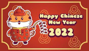 banner de año nuevo chino con personaje de tigre sosteniendo petardos vector