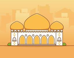 Islamic moslem big grand mosque with gold yellow dome in middle of city silhouette flat vector illustration