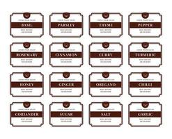 Kitchen seasoning pantry label sticker set with simple classic brown square frame vector