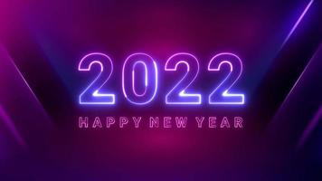 2022 texto de luz de néon brilhante de feliz ano novo em fundo roxo escuro futurista video