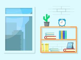 inside or indoor view apartment room in the city. set of wall background with bookshelf and windows. stock vector eps10, editable. minimalist style. soft colors. flat design illustration.