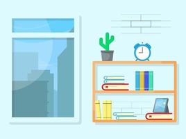 inside or indoor view apartment room in the city. set of wall background with bookshelf and windows. stock vector eps10, editable. minimalist style. soft colors. flat design illustration.