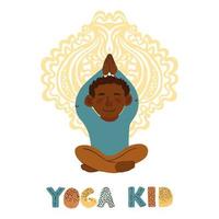 Vector colorful illustration of little boy doing yoga isolated on white background