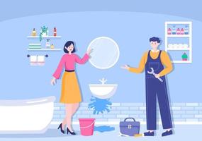 Plumbing Service with Plumber Workers Repair, Maintenance Fix Home and Cleaning Bathroom Equipment in Flat Background Illustration