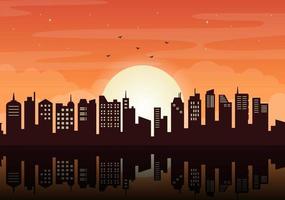 Sunset Modern City Skyline Landscape with Orange Sky of Town Buildings and Cityscape Sky in Flat Illustration for Poster, Banner or Background vector