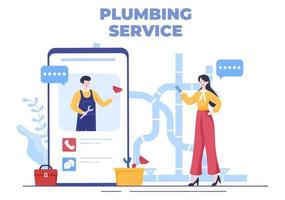 Servicio de plomería en línea con reparación de fontaneros, reparación de mantenimiento del hogar y limpieza de equipos de baño en la ilustración de fondo plano vector