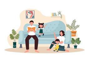 Family Time of Joyful Parents and Children Spending Time Together at Home Doing Various Relaxing Activities in Cartoon Flat Illustration for Poster or Background vector