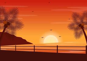 Mar atardecer paisaje de sol sobre el océano con nubes, superficie del agua, palmera y playa en ilustración de fondo plano para póster, pancarta o fondo vector