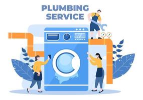 Servicio de plomería con reparación de trabajadores de plomería, reparación de mantenimiento en el hogar y limpieza de equipos de baño en la ilustración de fondo plano vector