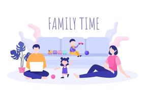 Family Time of Joyful Parents and Children Spending Time Together at Home Doing Various Relaxing Activities in Cartoon Flat Illustration for Poster or Background vector