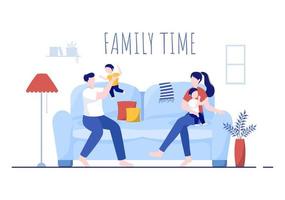 tiempo en familia de padres e hijos alegres que pasan tiempo juntos en casa haciendo diversas actividades relajantes en una ilustración plana de dibujos animados para un cartel o fondo vector