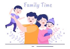 Family Time of Joyful Parents and Children Spending Time Together at Home Doing Various Relaxing Activities in Cartoon Flat Illustration for Poster or Background
