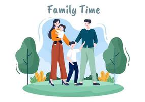 Family Time of Joyful Parents and Children Spending Time Together at Park Doing Various Relaxing Activities in Cartoon Flat Illustration for Poster or Background vector