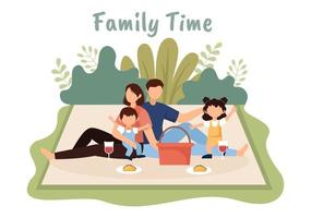 Family Time of Joyful Parents and Children Spending Time Together at Park Doing Various Relaxing Activities in Cartoon Flat Illustration for Poster or Background vector