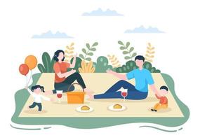 Family Time of Joyful Parents and Children Spending Time Together at Park Doing Various Relaxing Activities in Cartoon Flat Illustration for Poster or Background vector