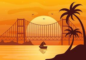 Sea Sunset Landscape of Sun Above Ocean with Clouds, Water Surface, Palm Tree and Beach in Flat Background Illustration for Poster, Banner or Background vector