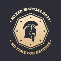MMA, mixed martial arts vintage emblem, logo, print with spartan helmet, gold over dark vector