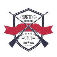 Logotipo vintage del club de caza con dos rifles viejos cruzados, vector emblema retro en blanco