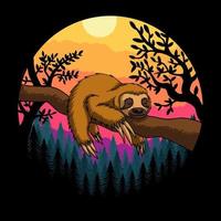 Sloth sleeping sunset retro vector illustration
