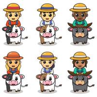 Vector illustration cartoon of cute farmer ride a cow.