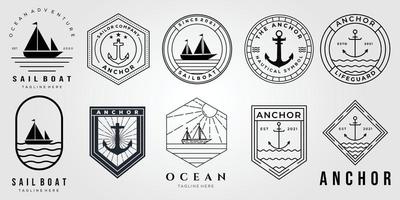 Conjunto de logotipo de ancla y paquete de diseño de ilustración de vector de icono de barco de vela oceánica