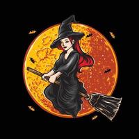 bruja voladora con luna vector de halloween