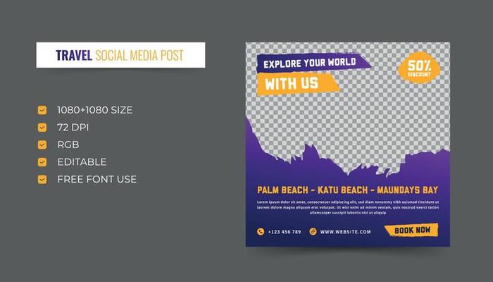 Traveling social media post, Tour holiday vacation social media post square flyer template