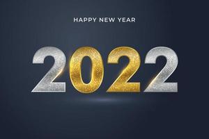 feliz año nuevo 2022. números de oro y partículas doradas con confeti sobre fondo azul oscuro. diseño de tarjetas de felicitación navideñas. vector