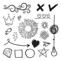 Doodle conjunto de vectores ilustración con vector de estilo de arte de línea de dibujo a mano. corona, rey, sol, flecha, corazón, amor, estrella, remolino, swoops, énfasis, para el diseño conceptual