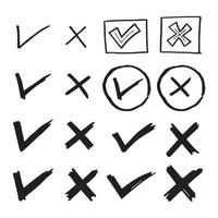 Tick and cross black signs. Gray checkmark OK and X icons, isolated on white background. Simple marks graphic design. Circle symbols YES and NO button for vote, decision, web. Vector illustration.