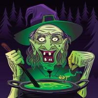 Witch cooking for halloween. witchcraft. green face vector