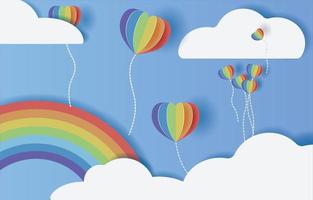 orgullo arcoiris y globos en las nubes diseño de fondo de estilo de corte de papel vector