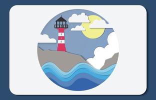 diseño de corte de arte de papel de faro y mar vector