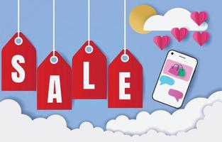 Hanging Sale Tags in The Sky With Mobile Phone Red Hearts On the Clouds Paper Art Design Print vector