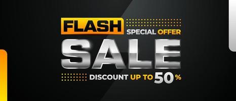 Plantilla de vector de banner de venta flash con contraste de color degradado negro y amarillo para promoción de medios y publicidad