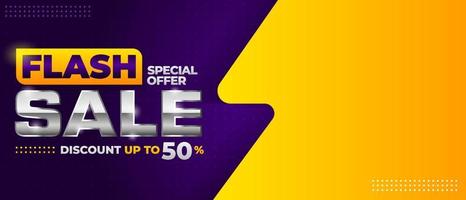 Flash sale banner vector template with contrast purple and yellow gradient color for media promotion and advertising