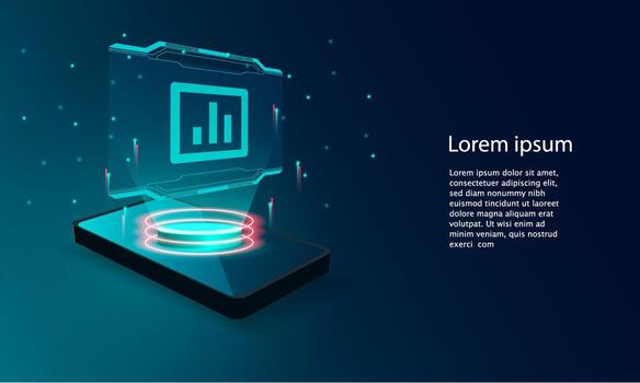 Application of Smartphone with business graph and analytics data on isometric mobile phone. vector